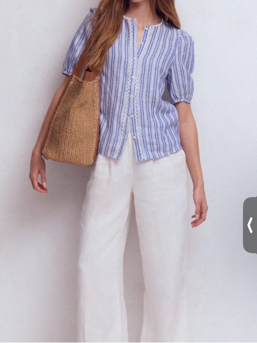 Medium Boden Blue and White Striped Lace-Trim Button Front Top